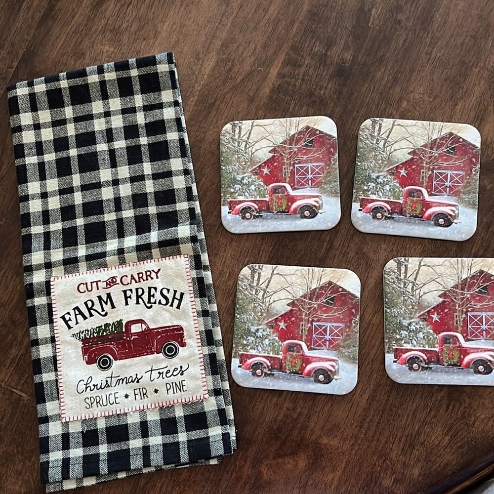Christmas Farmhouse Barn and Red Pickup Truck Cork Coasters and Towel (new)